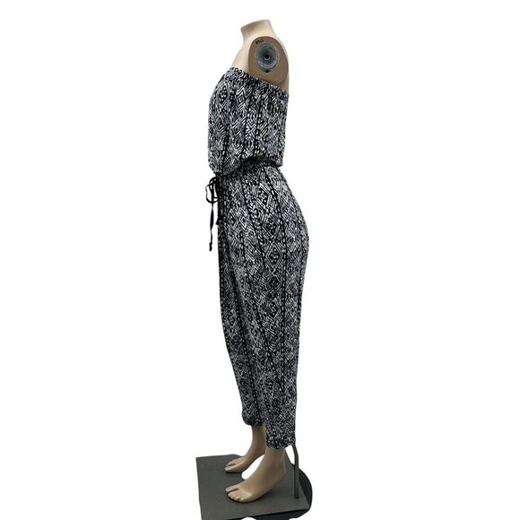 Ambiance Strapless Black White Geometric Print Jumpsuit Drawstring Waist‎ Large - Picture 4 of 12